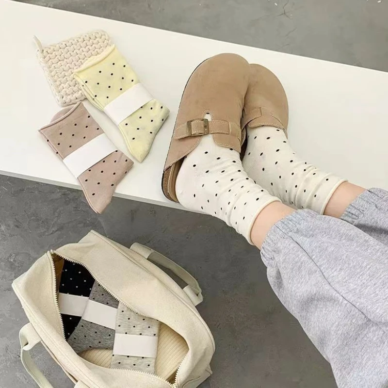 Sweet Cute Small Dots Curled Edge Fashion JK White Mid Calf Socks Women's Spring and Summer Thin Simple Casual Mid Tube Socks