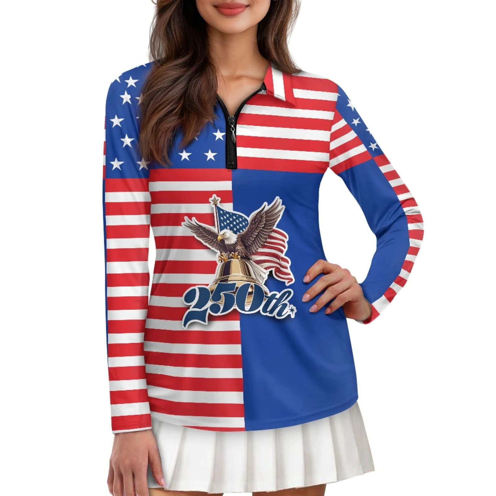 PENSTROLL American Flag Womens Quarter Zip Golf Tops Comfortable Tennis Hiking Shirts for Outdoor