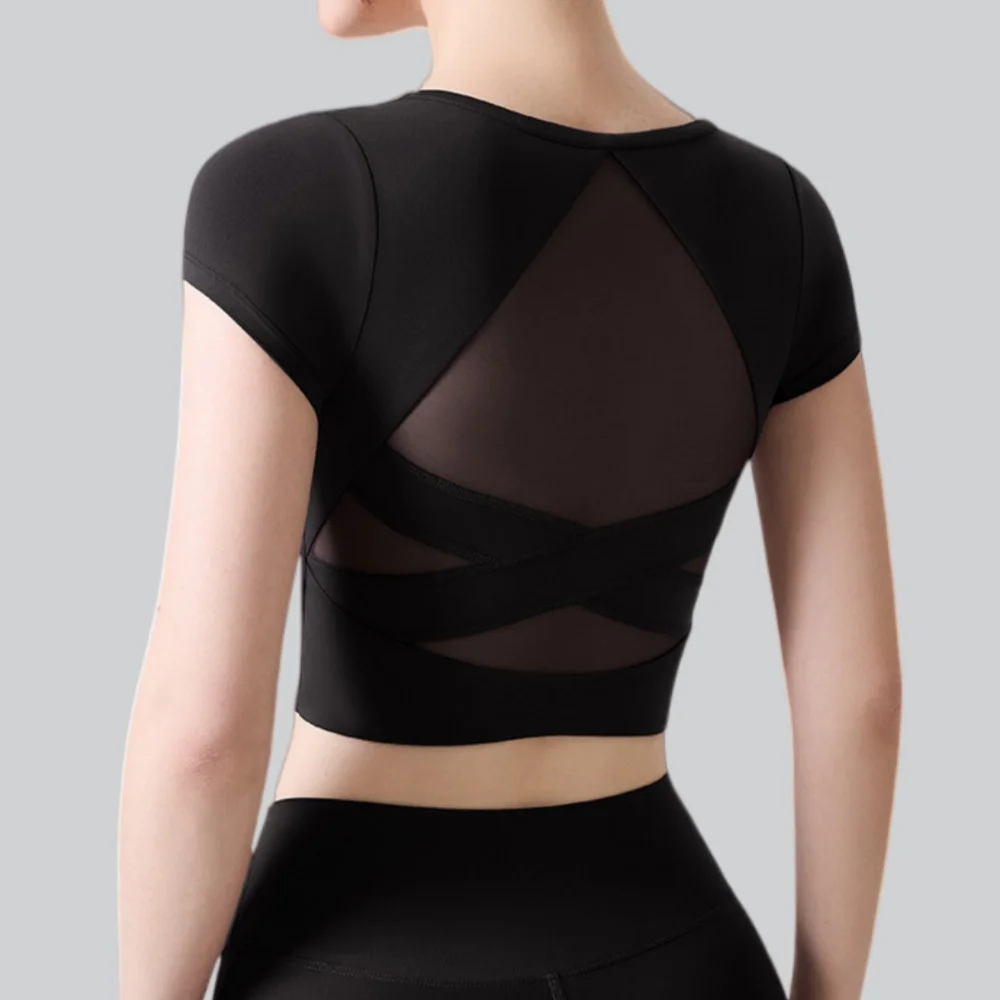 Women Yoga Top With Chest Cushion Pilates Training Fitness Clothes Short Sleeve Yoga Shirt Quick Drying Running Sports T Shirts