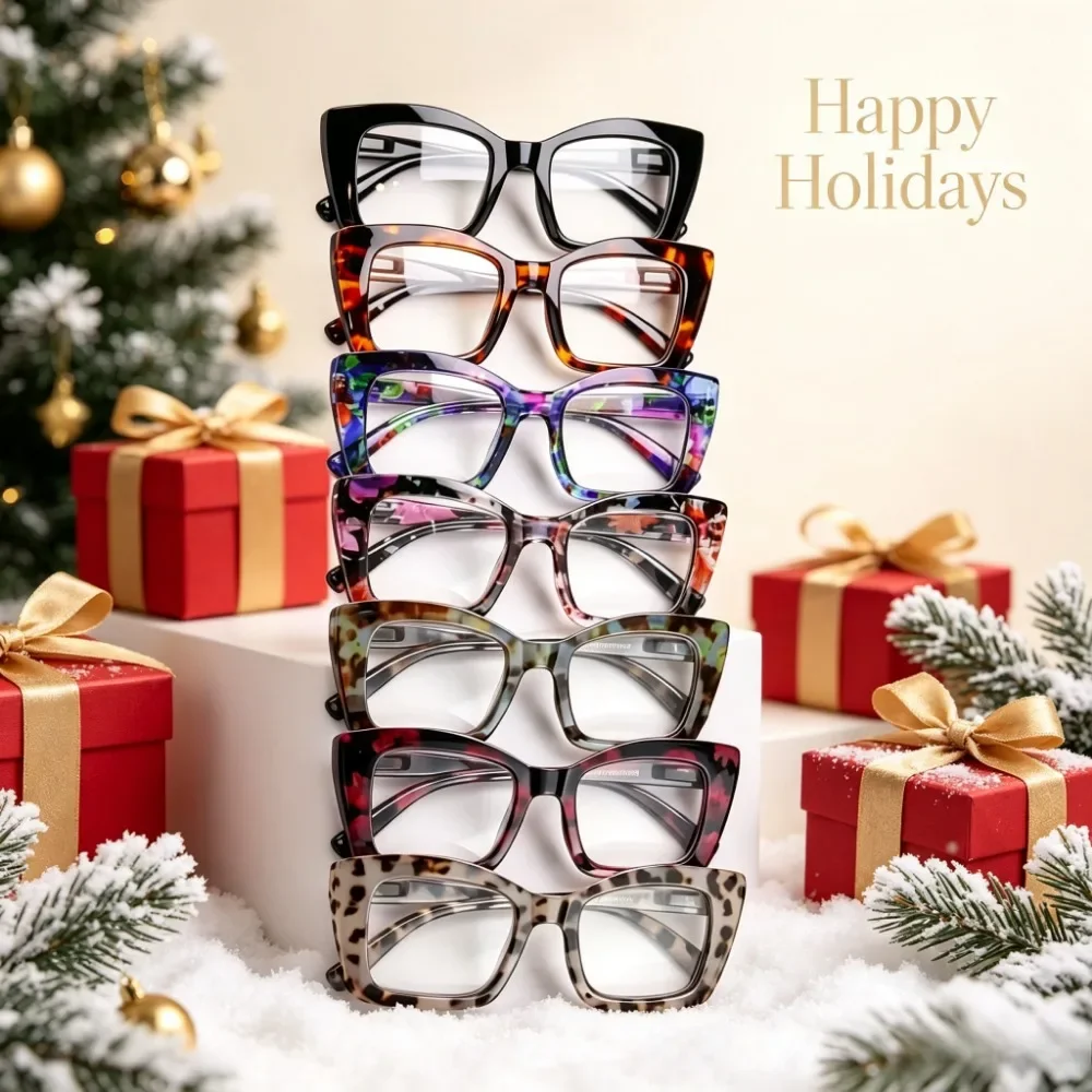7-Piece Lady's Reading Glasses with Spring Hinges - Retro Style, Comfortable Fit, 1.0 To 4.0 Magnification, Print Design, Durable PC Frame for Women's Daily Use, Stylish Glasses, Random Colors, Recommended Christmas and Halloween Gifts