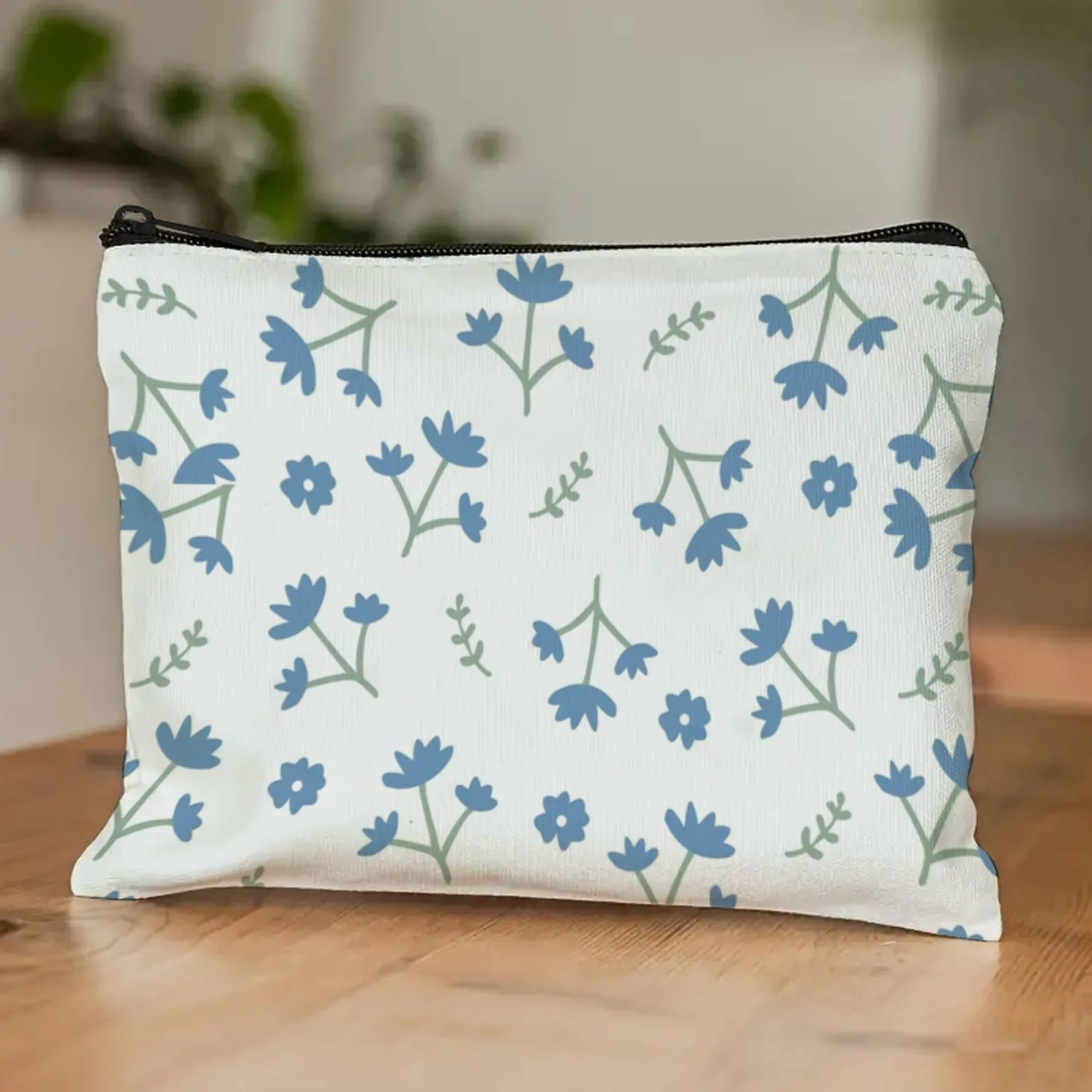 

Minimalist Line-Art Floral-Blue Makeup Bag Nature-Themed Simplified Leaf Prints with White Zippered Daily Cosmetic Organizer