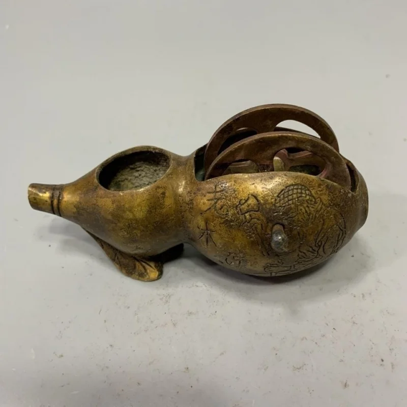 Republic of China Pure Copper Gourd Ink Bottle Ornament Woodworking Antique Collection Old-fashioned Hand-cranked Brass Ink Bott