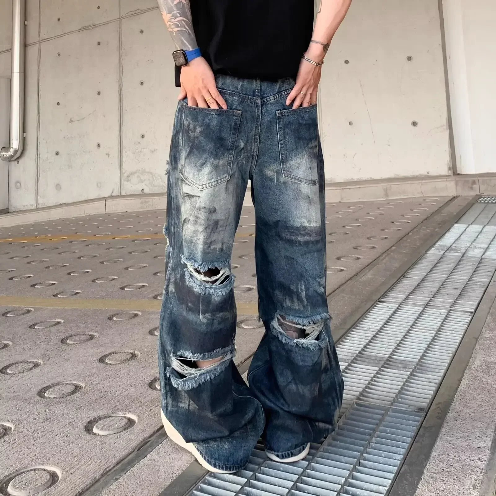 جينز ممزق أزرق عتيق للنساء بخصر عالٍ 2000 على الطراز القوطي الأمريكي الشرير الهيب هوب فضفاض غير رسمي مستقيم وواسع الساق من قماش الدنيم #4