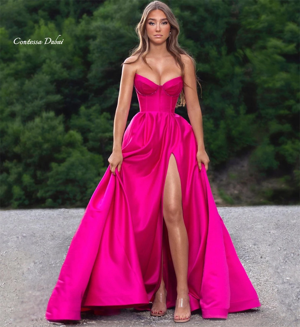 

Contessa Custom prom dress evening dress formal gown sexy satin strapless sweetheart corset bodice high slit A line floorlength