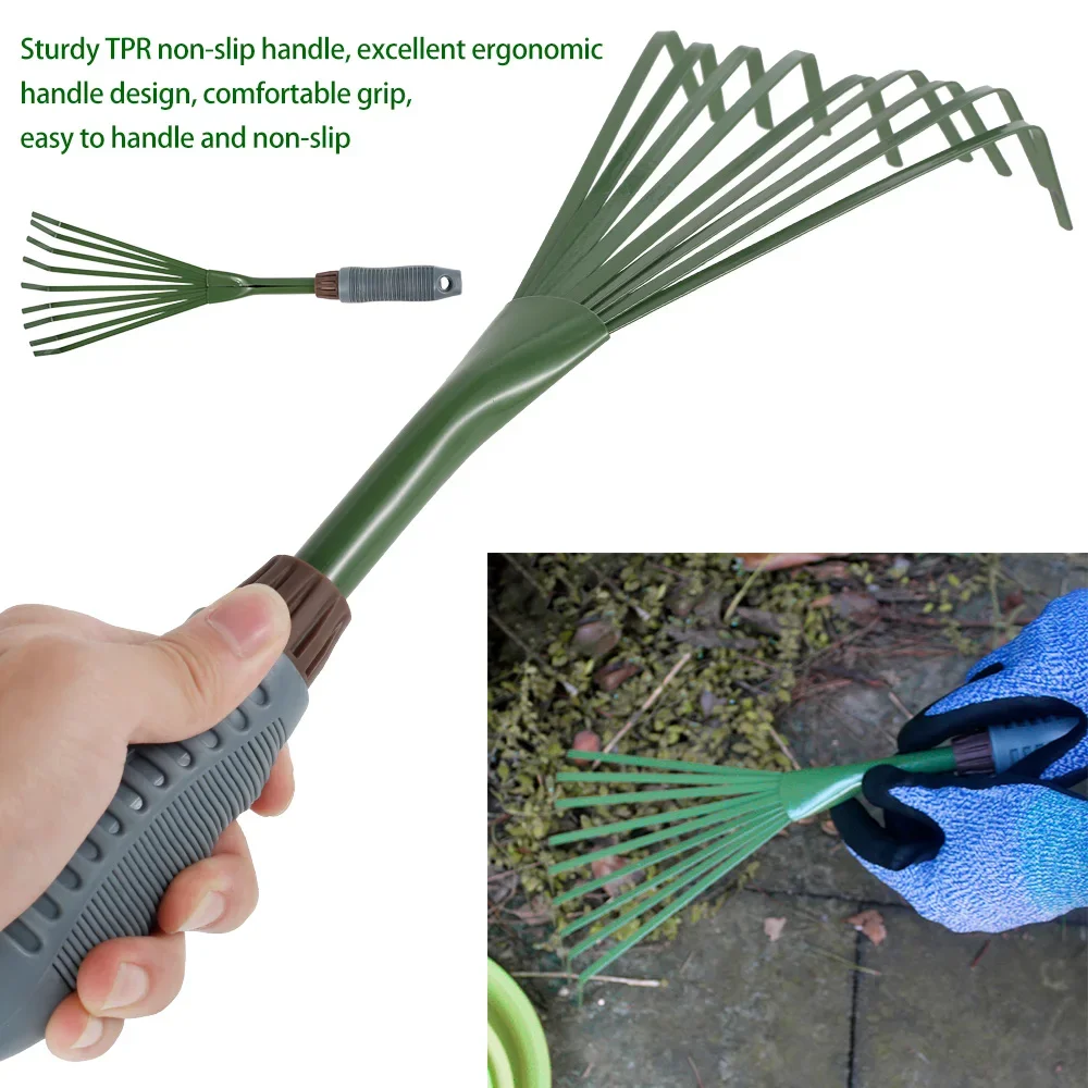 9 Teeth Garden Rake 15.5 Inch Grass Rake, with Ergonomic Non Slip Grip Lightweight Cleaning Rake Gardening Tools for Lawns