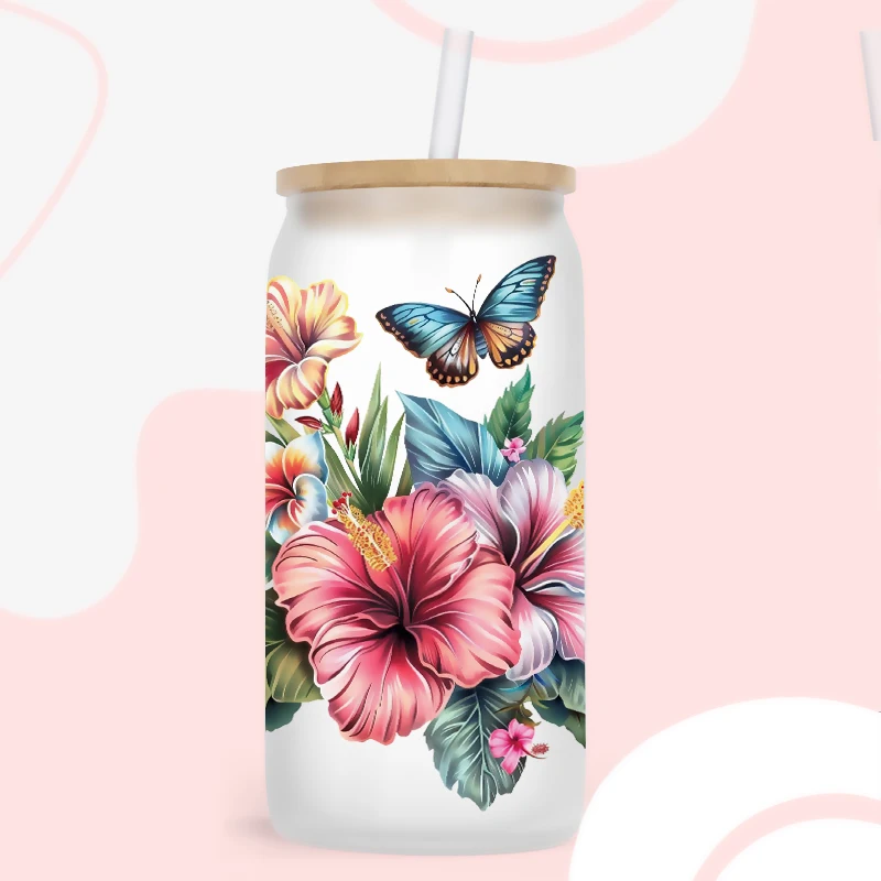 Naklejki 3D UV DTF Transfers 16oz Cup Wraps Plant Flower Butterfly Printed For DIY Glass Ceramic Metal Leather Etc.D17234