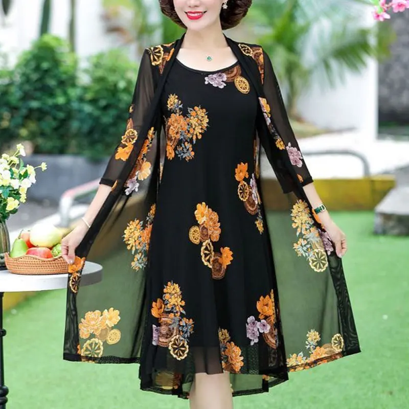 Female Clothing Vintage Floral Printed Matching Sets Two Piece Set Casual O-Neck Summer Fashion Half Sleeve A-Line Dress Sets