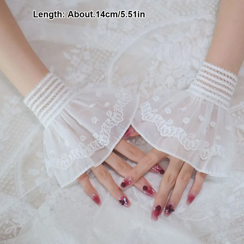 Manset Palsu Berlapis-lapis dengan Ruffle, Dapat Dilepas, Putih, Manset Palsu untuk Lengan