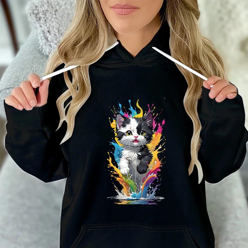 Women's Sweat-shirt Colored Flames Cat Print Fashion Casual Hoodies Women Kawaii Cartoon Animal Cat Essential Classic Sweatshirt