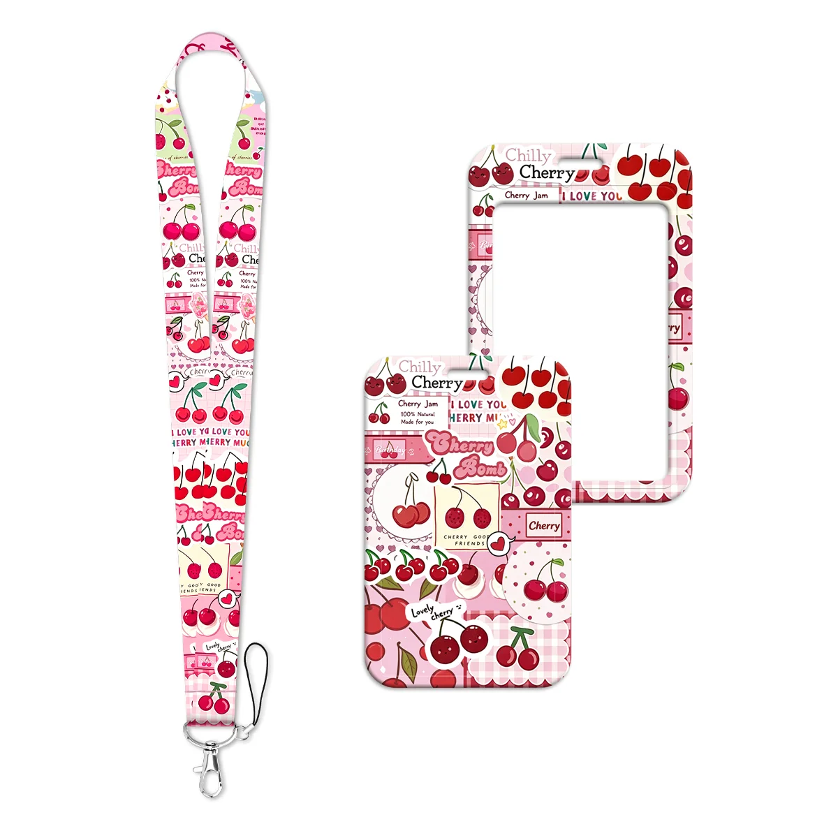 Cute Pink Cherry Collage Lanyard Strap Neck Keychain Card Cover Badge Holder Mobile Phone Hang Rope Keyring Accessories Gift