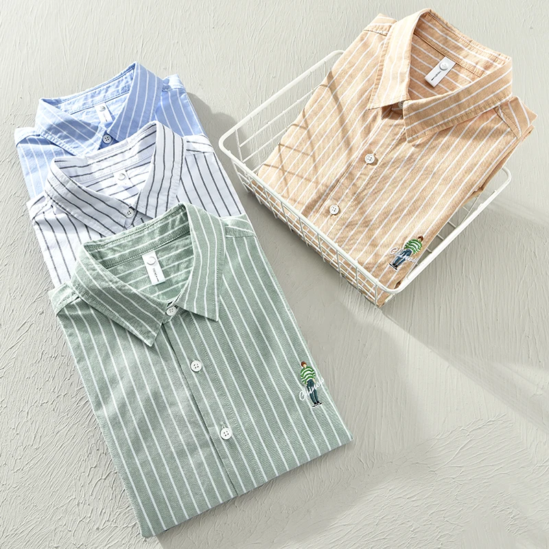 

Embroidery Short-sleeved Pure Cotton Stripes Quality Brand Shirts For Men Fashion Comfortable Tops Clothing Plus Size Camisa