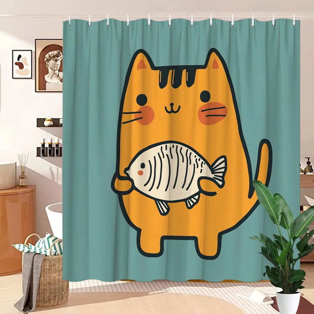 Playful Cat with Fish Shower Curtain - Water-Resistant, Easy to Clean, Adds a Fun and Whimsical Touch to Your Bathroom Decor