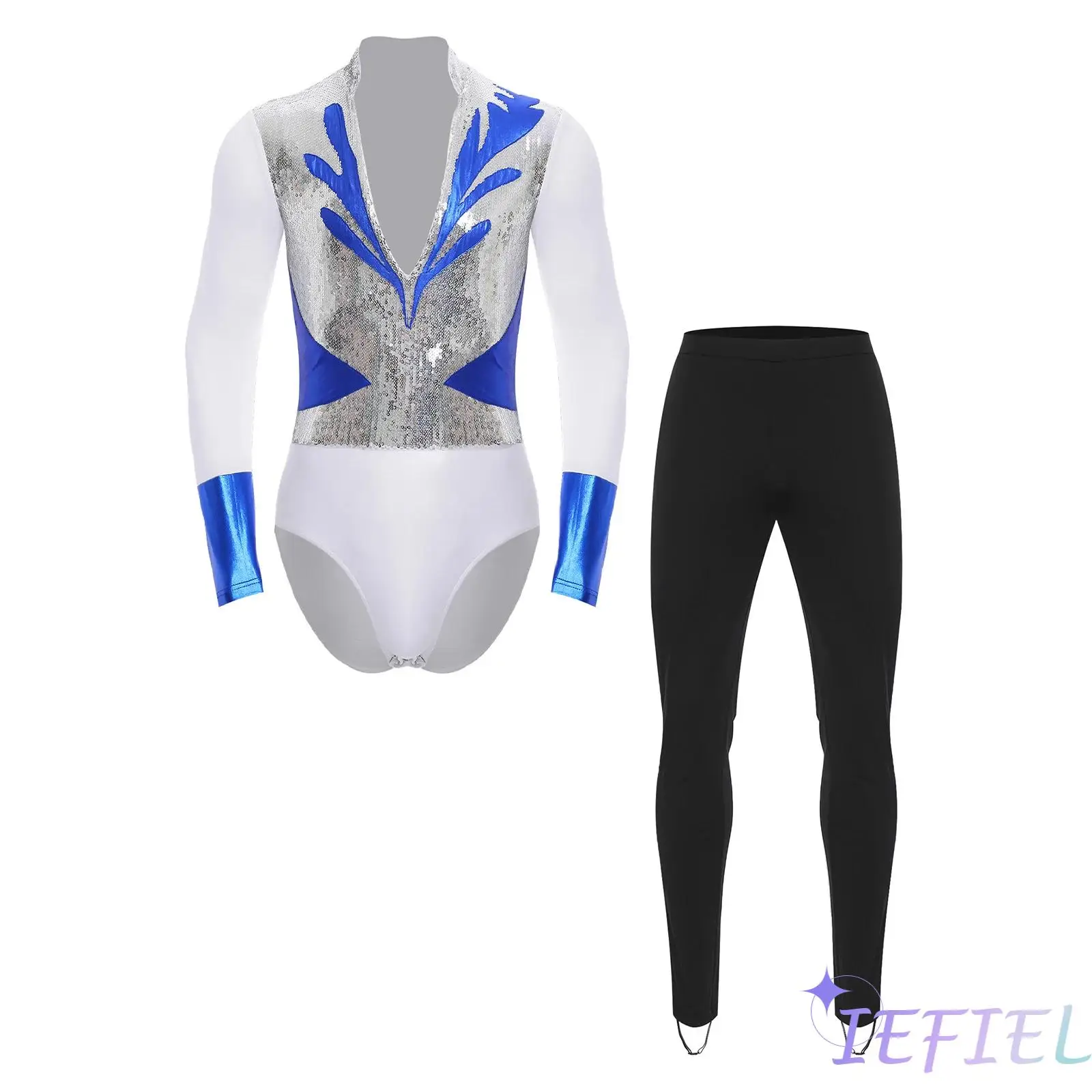 

Professional Mens Figure Skating Bodysuit High Shine Sequin Patchwork Ballet Leotard with Pants for Latin Dance Performance