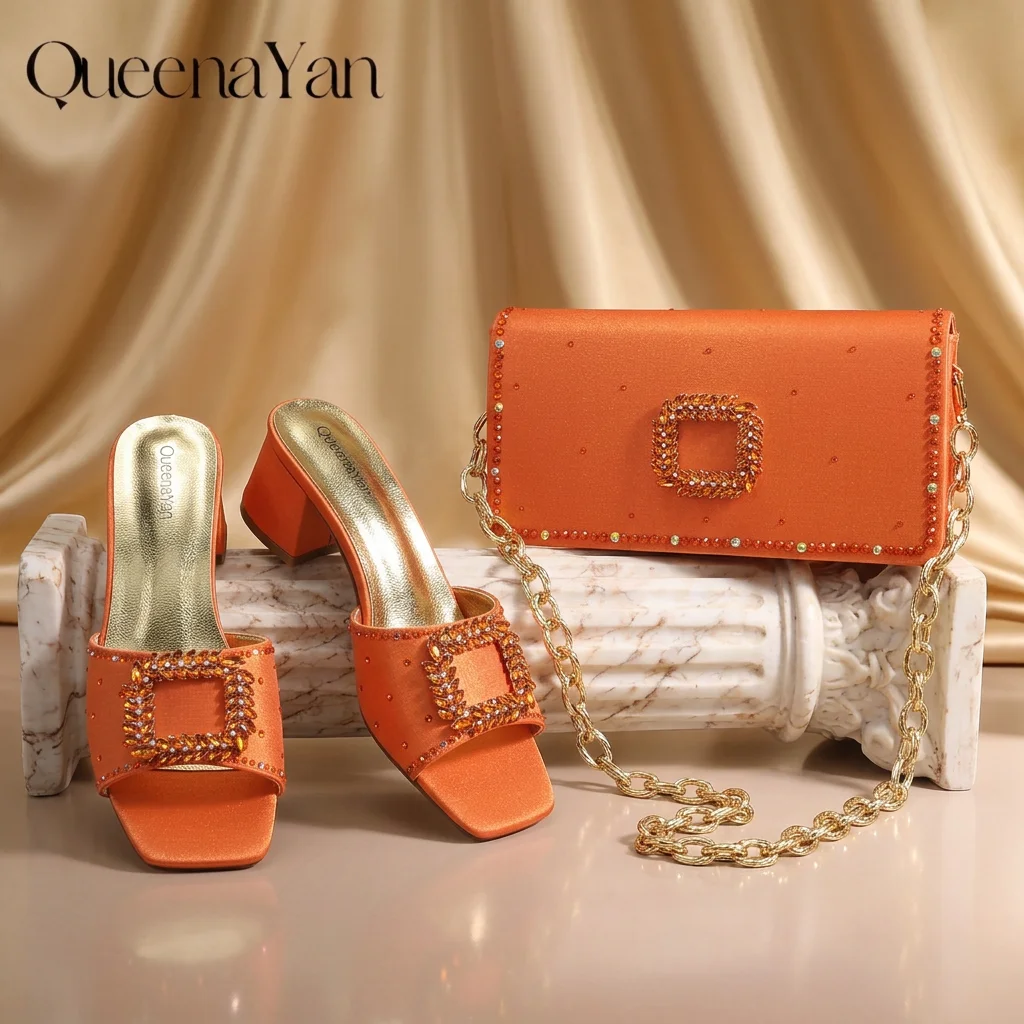 Elegant Italian Design Women's Block Heel Party Shoe and Bag Set, Chic Orange Rhinestone Square Open Toe Slide Sandals Perfect