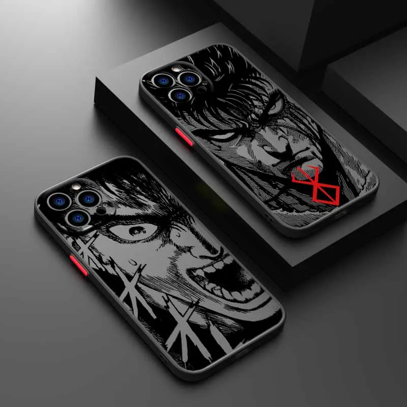 Coque de téléphone pour iPhone 17e 17 16e 16 15 14 13 12 11 Mini Pro Air Max XR XSMax 7 8 6 6s Plus Berserk Dark Anime Mat Transparente