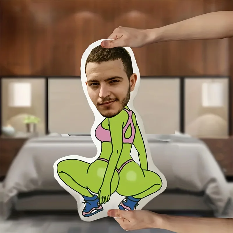 

Personalized Custom Photo Plush Pillow - Your Face on Body Double Cushion, Soft Green Beige-Like Texture with Face Blending, Gif