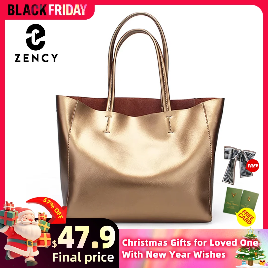 Zency Luxury Gold Women Shoulder Bag 100% Genuine Leather Large Capacity Handbag Elegant Ladies Messenger Crossbody Fashion