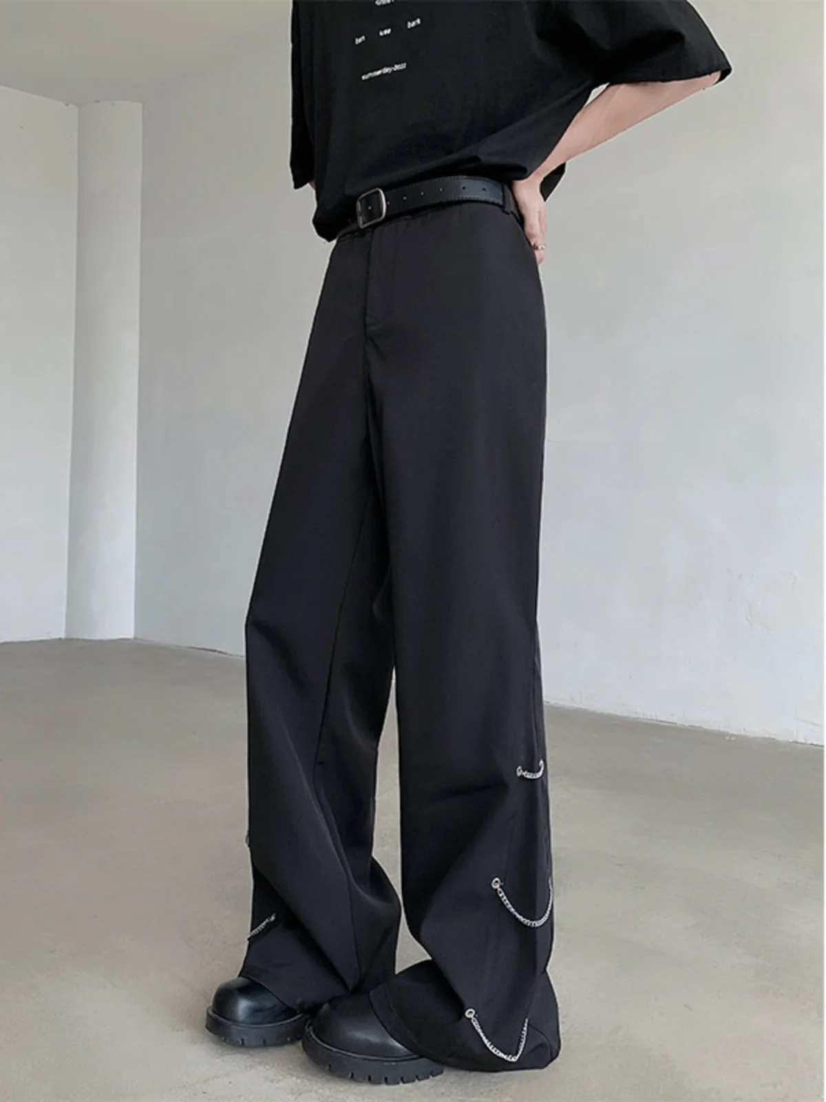 

Cleanfit Men's Casual Trousers Loose Wide Leg Straight Metal Chain Design Bell Bot Long Pants American Casual Sle