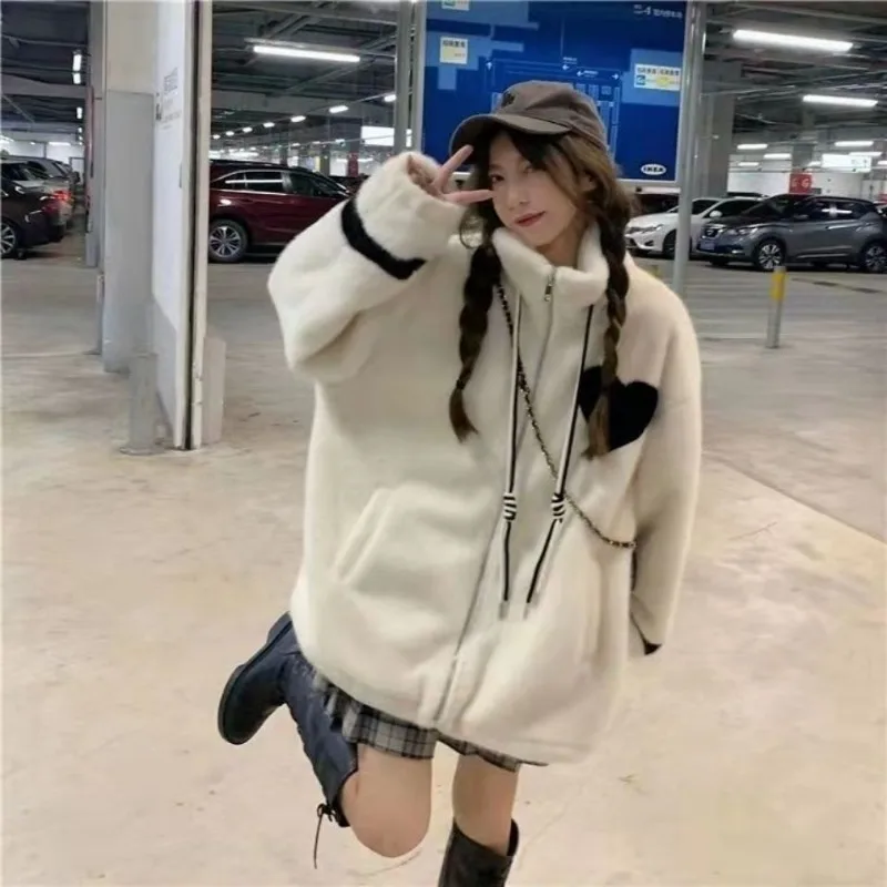 Winter Lamb Wool Hoodies Fleece Loose Zipper Coats Women Y2k Korean Street Heart Sweet Stand Collar Sweatshirts Thick Jackets