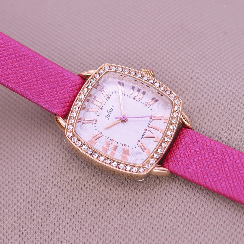 

Ярко-розовые квадратные женские часы, кварцевые часы, модные женские часы, браслет из натуральной кожи, подарок на день рождения Julius для девочек