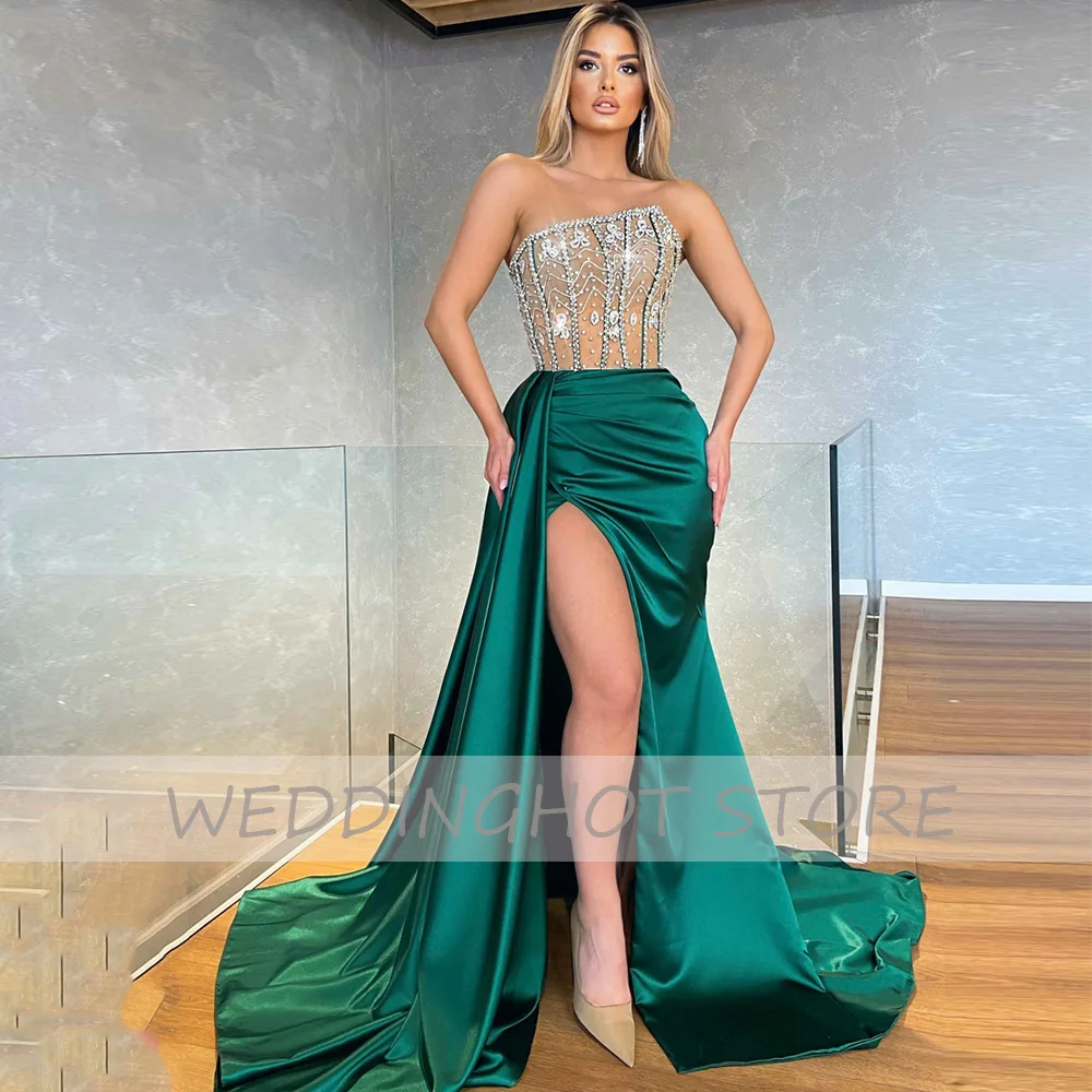 Beading Evening Dresses 2023 Luxury Green Satin Mermaid Sexy Sparkle Ball Gown Elegant Pleat Side Split High Quality Party Dress