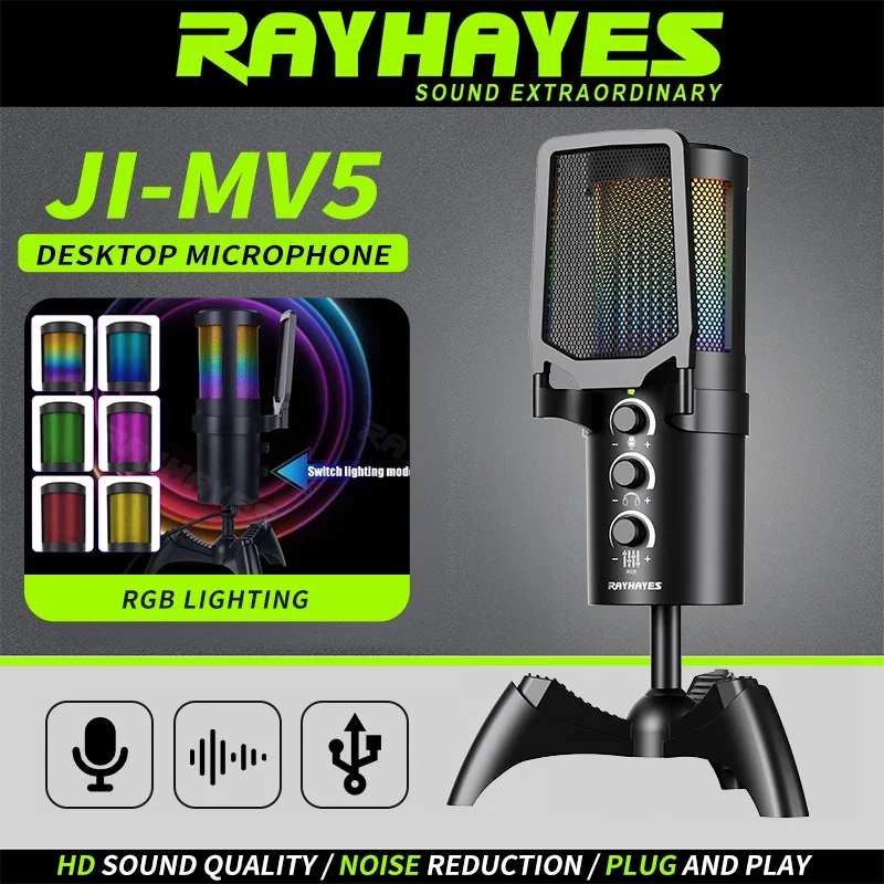 

RAYHAYES JI-MV5 USB microphone Features include in-ear monitoring mute volume control and RGB lighting effects