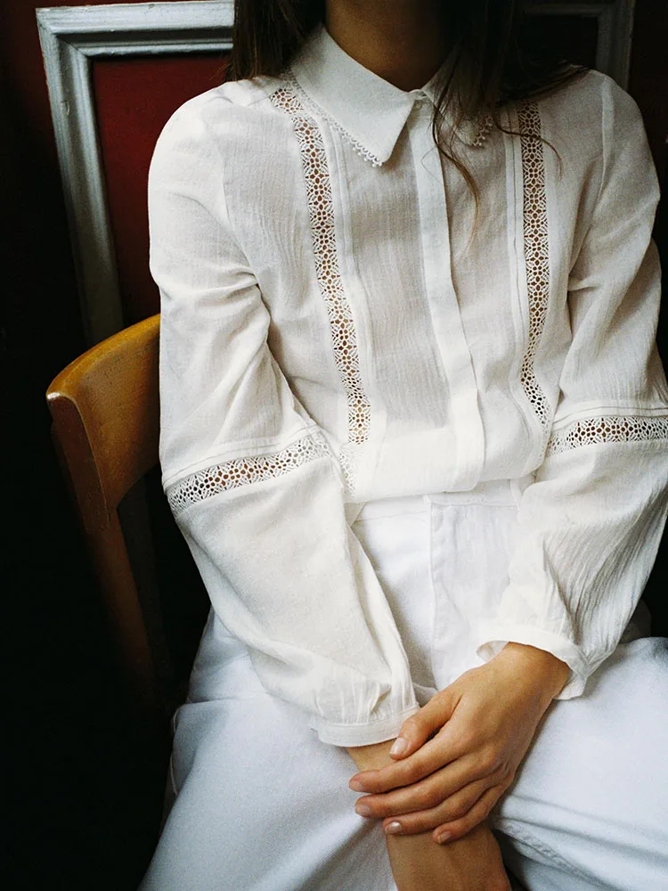 قميص نسائي جديد لفصل الربيع بأكمام طويلة من القطن، تصميم بسيط مع زخارف دانتيل مستقيمة، قميص أنيق للعمل والمناسبات غير الرسمية