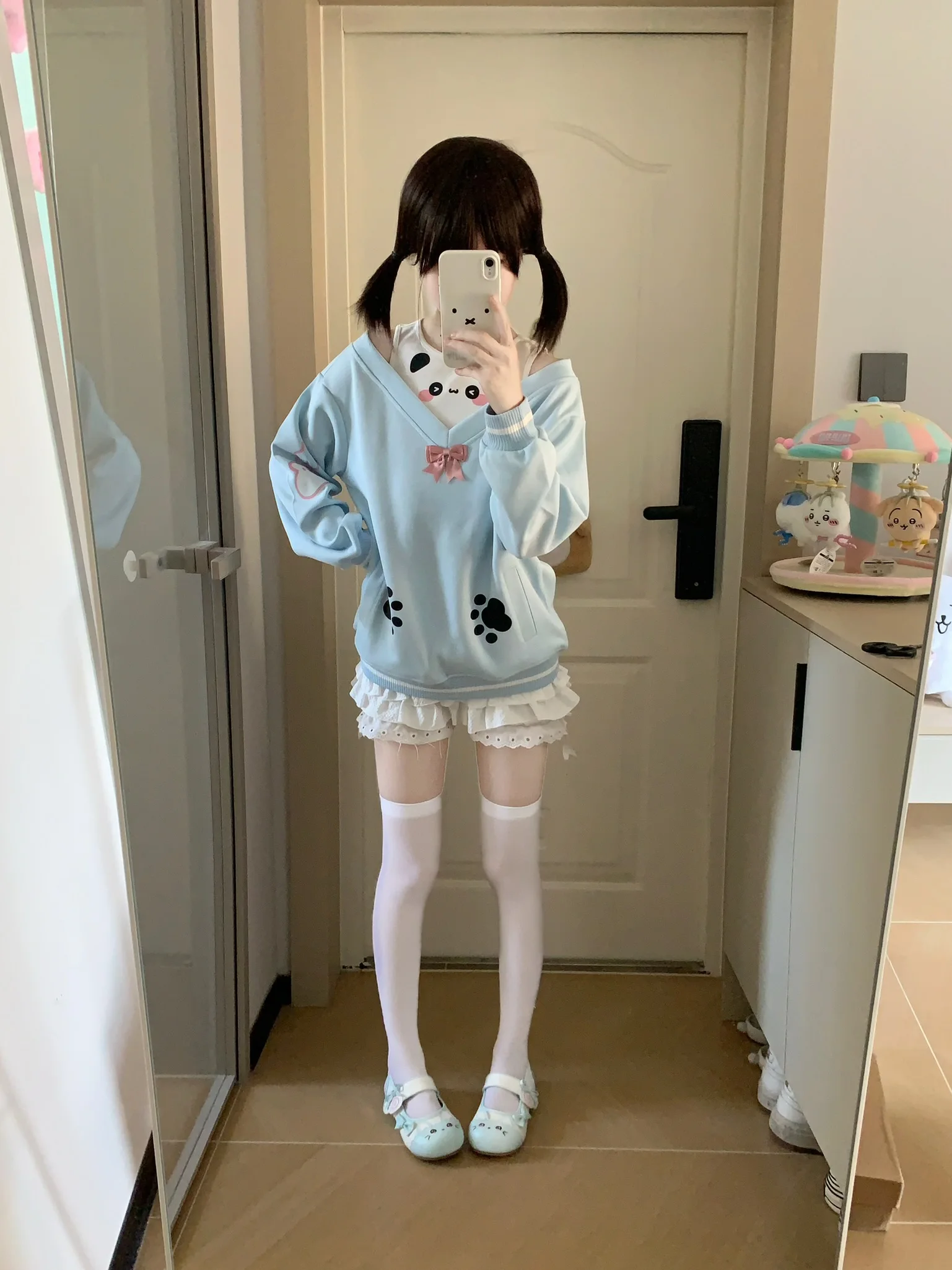 Original Girls Fake Two-Piece Cute Panda Off Shoulder Long Sleeve Sweatshirt Female Autumn New Casual Pullover Daughters Clothes