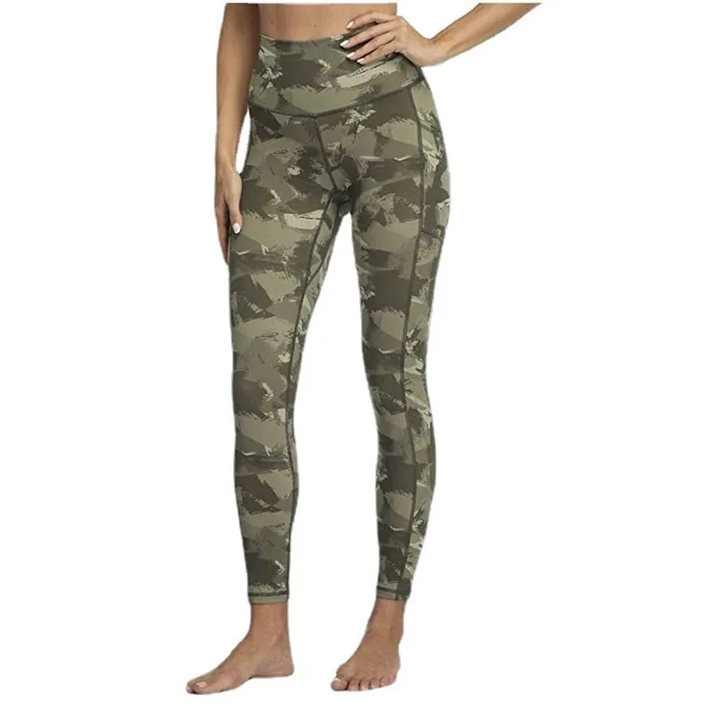 Legginsy sportowe z kieszenią dla kobiet moda wzór w cętki spodnie treningowe rozciągliwe Plus rozmiar elastyczne legginsy fitness legginsy