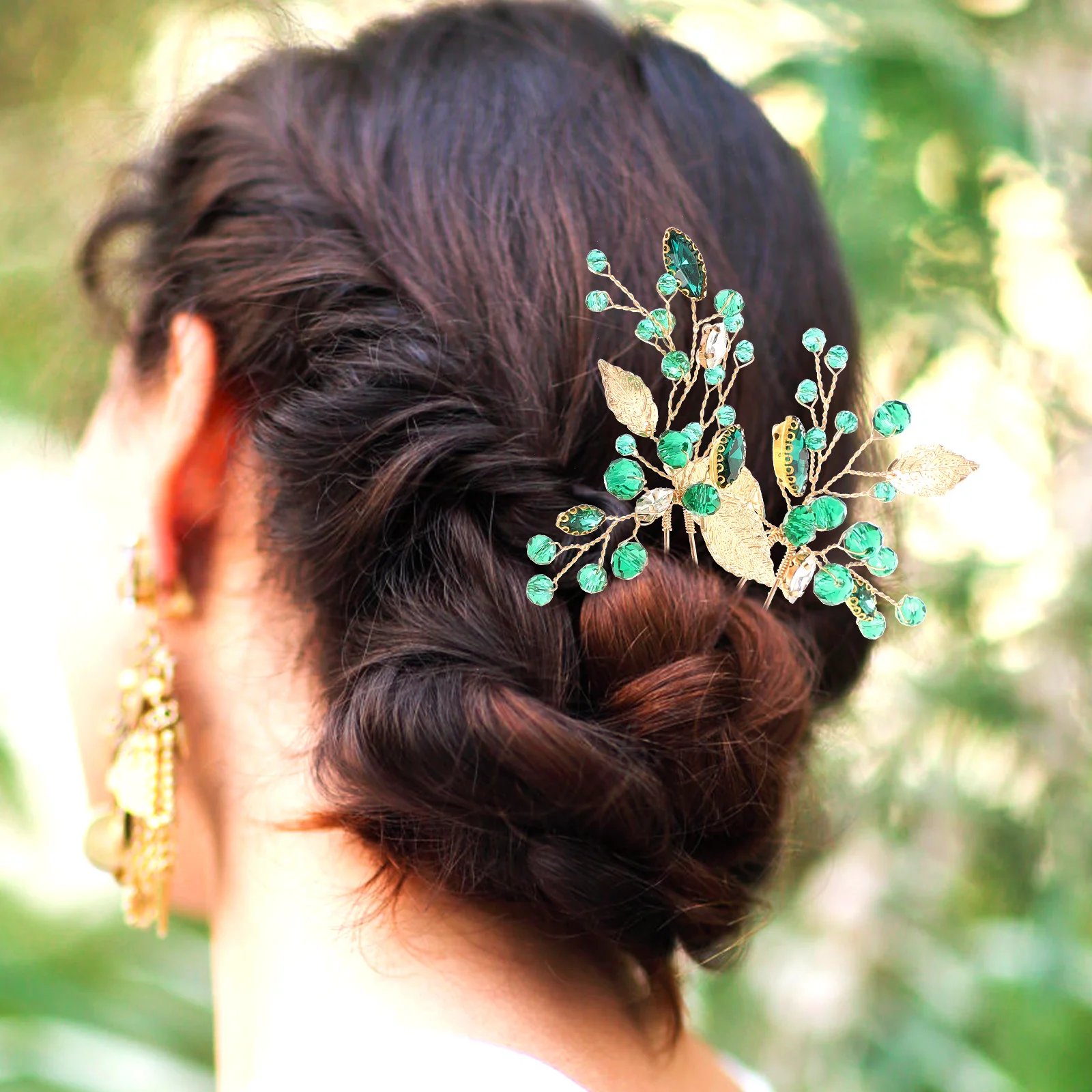 

3pcs Green Leaf Crystal Hairpins Elastic Rhinestone Wedding Bridal Accessories Banquet Headdress Styling Pin For Women Prom