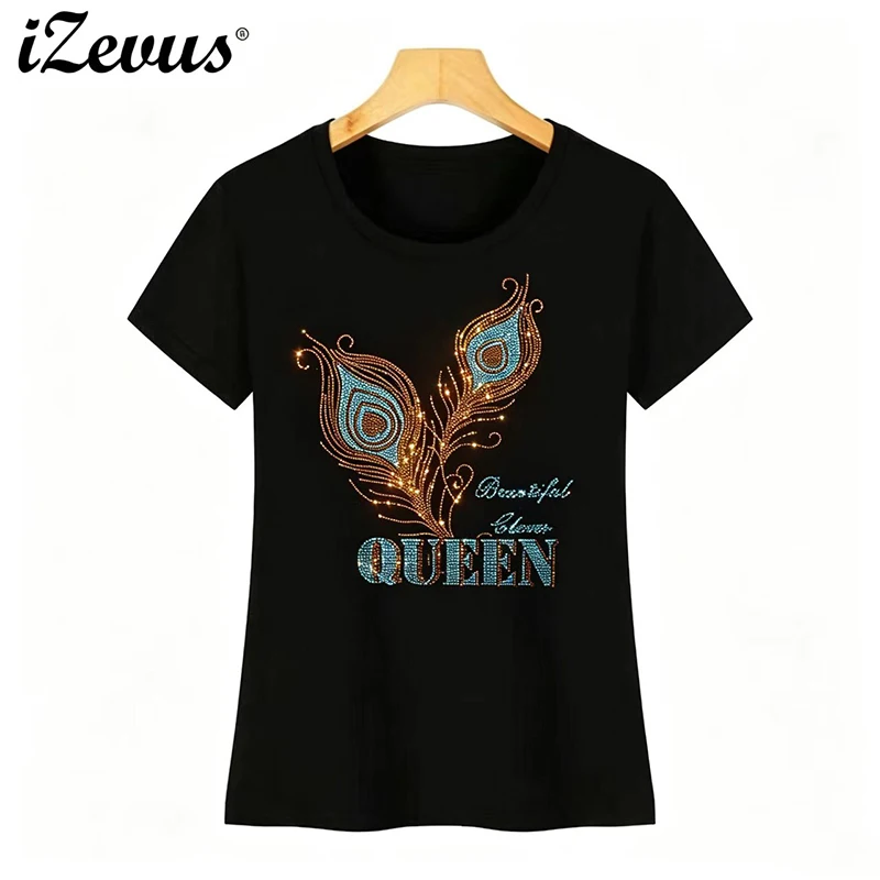 Fashionable diamond-encrusted imitation gemstone and women's summer short-sleeved ice silk cotton casual T-shirt