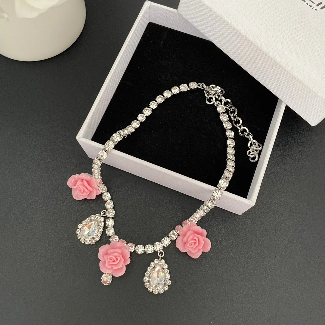 Necklace Temperament Light Luxury Pink Flower Drop Jewelry For Women Collares Para Mujer Collar Collier Femme Pendant Grandes De