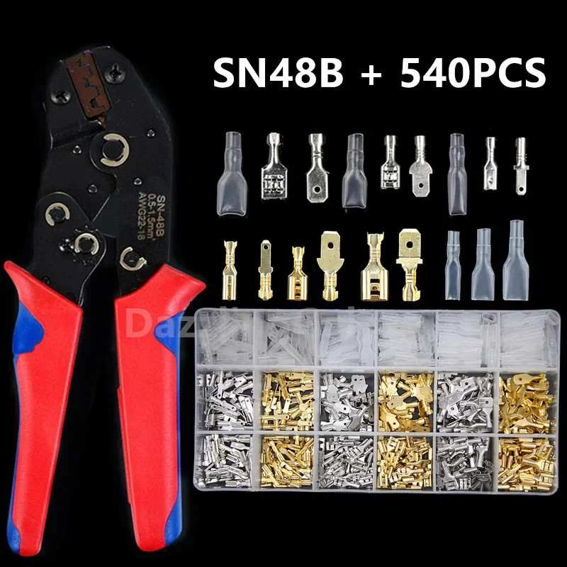 

540Pcs Male&Female Electrical Spade Wire Butt Connectors Lugs Battery Starter Cable Splice Crimp Terminals SN48B Crimp Plier