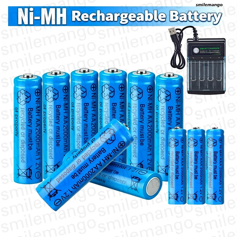 AA AAA 2000mAh 1.2V 4-12 Pcs Battery Rechargeable 2A 3A Ni-MH Batteries with Quick Charger for Toys Mouse Keyboard Flashlights