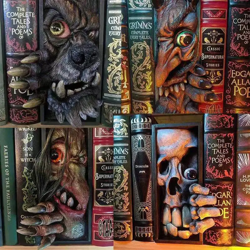 Resin Horror Monster Bookend Sculpture Peeping Demon Book Holder Gothic Skull Face Desktop Ornament Crafts Home Decor Gift
