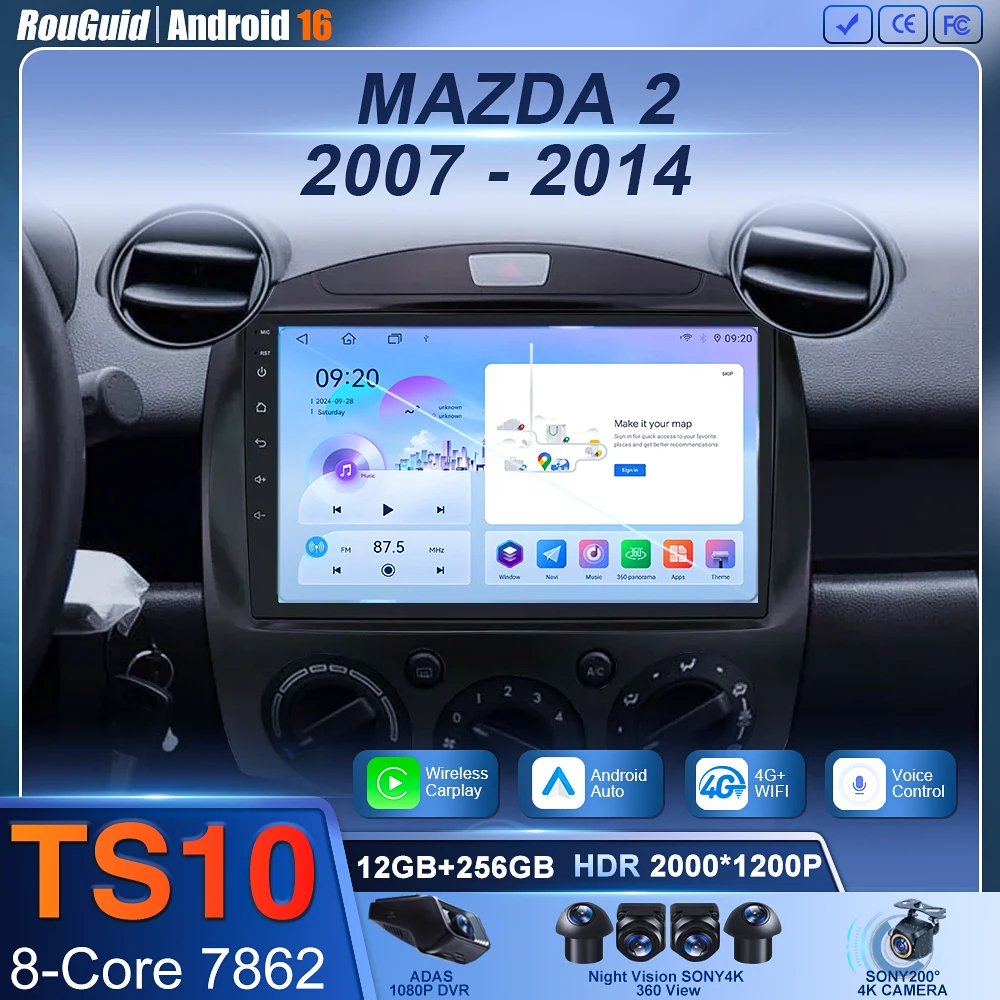 

Android 16 Carplay Auto 2K Screen Car Radio Multimedia Player For Mazda 2 2007-2014 WIFI+4G Autoradio Stereo 2din Snapdragon