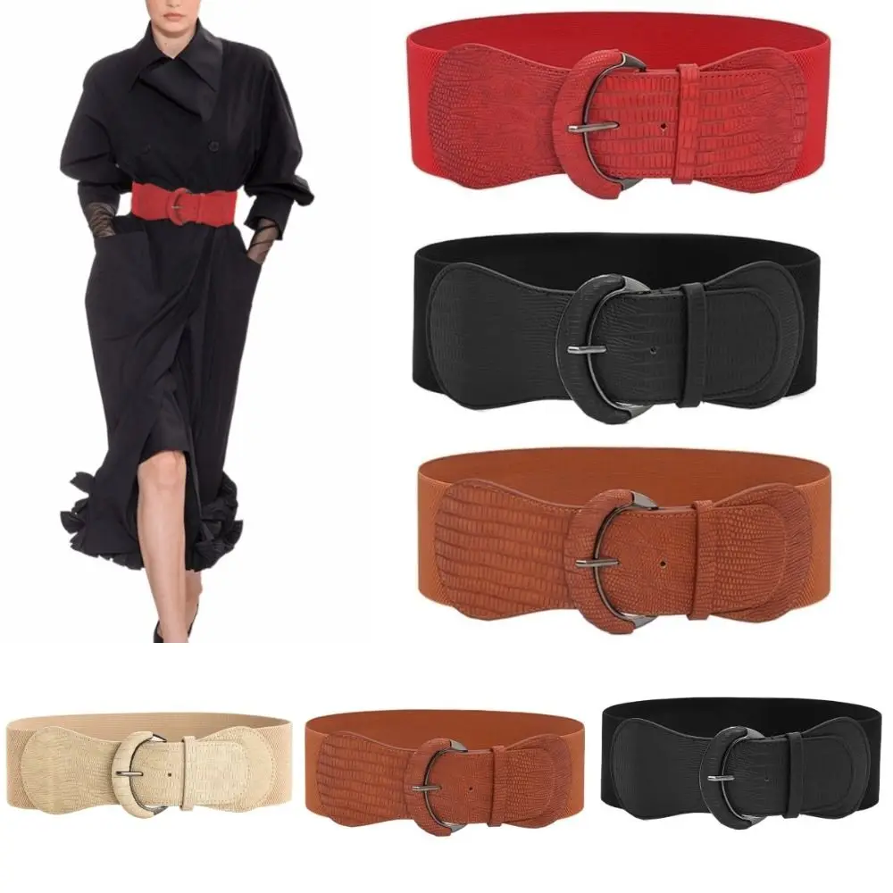 Bright Color PU Wide Belts Solid Color Trendy Design Pin Buckle Belt Chic Style Elegant Look Elastic Waistband Coat Accessory