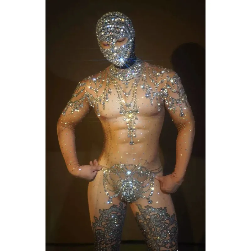 Men Rhinestone Totem Jumpsuit 3D Printed Simulated Muscle Bodysuit Sparkly Crystal Stage Performance Costume for Dancer Show