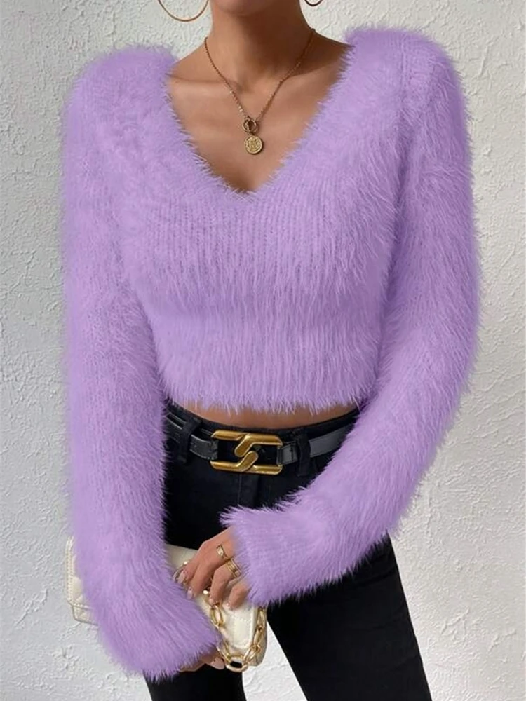 

V Neck Long Sleeve Slim Fit Fluffy Sweater Solid Color Knit Top