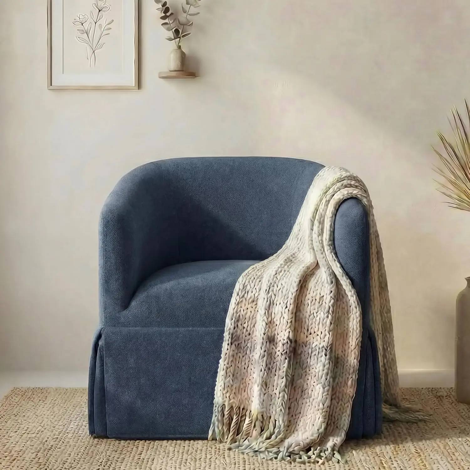 Living Room Swivel Accent Chair, Performance Fabric, Blue, 360 Degree Rotation Modern Design