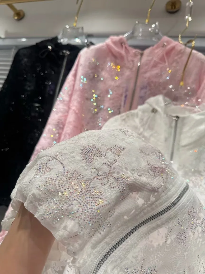 

Sparkle Sequines Embroidery Zipper Hooded Blouses Shirts Women Cardigans Spring Summer Sunscreen Top Korean Popular Clothes