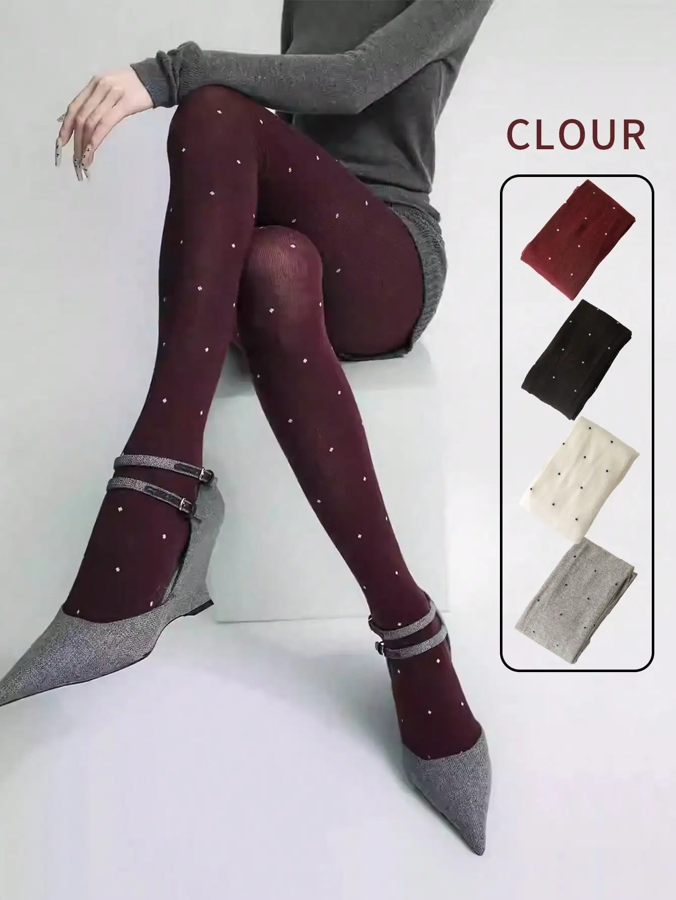 100 Grams Women\'s Polka Dot Printed Leggings, Autumn and Winter Thin Velvet Burgundy Spring and Autumn Commuter Peplum Leggings