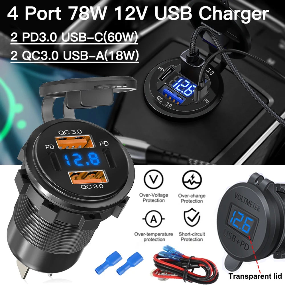 

2 PD Type C Ports 2 USB Quick Charge USB Outlet Socket, Waterproof 12V-24V QC3.0 Cigarette Lighter Car Charger for Boat Marine