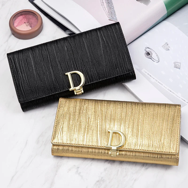 Women Long Wallet 2025 New Genuine Shiny Leather Striped Bifold Cowhide Money Clutch Long Female Mobile Phone Holder Zipper