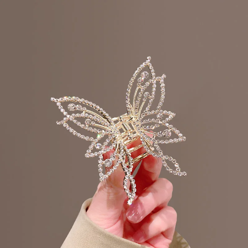 1pc Medium Hair Claw Clip, Non Slip Hair Clamp Butterfly Style Rhinestone Pearl Decor Barrettes For Thin Thick Hair