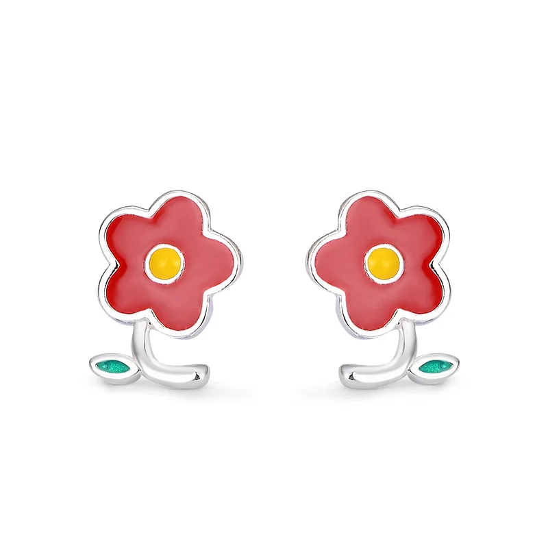 925 Sterling Silver Small Red Flower Stud Earrings for Girls Fresh Pastoral Style Forest Series Earring Ladies Piercing Jewelry