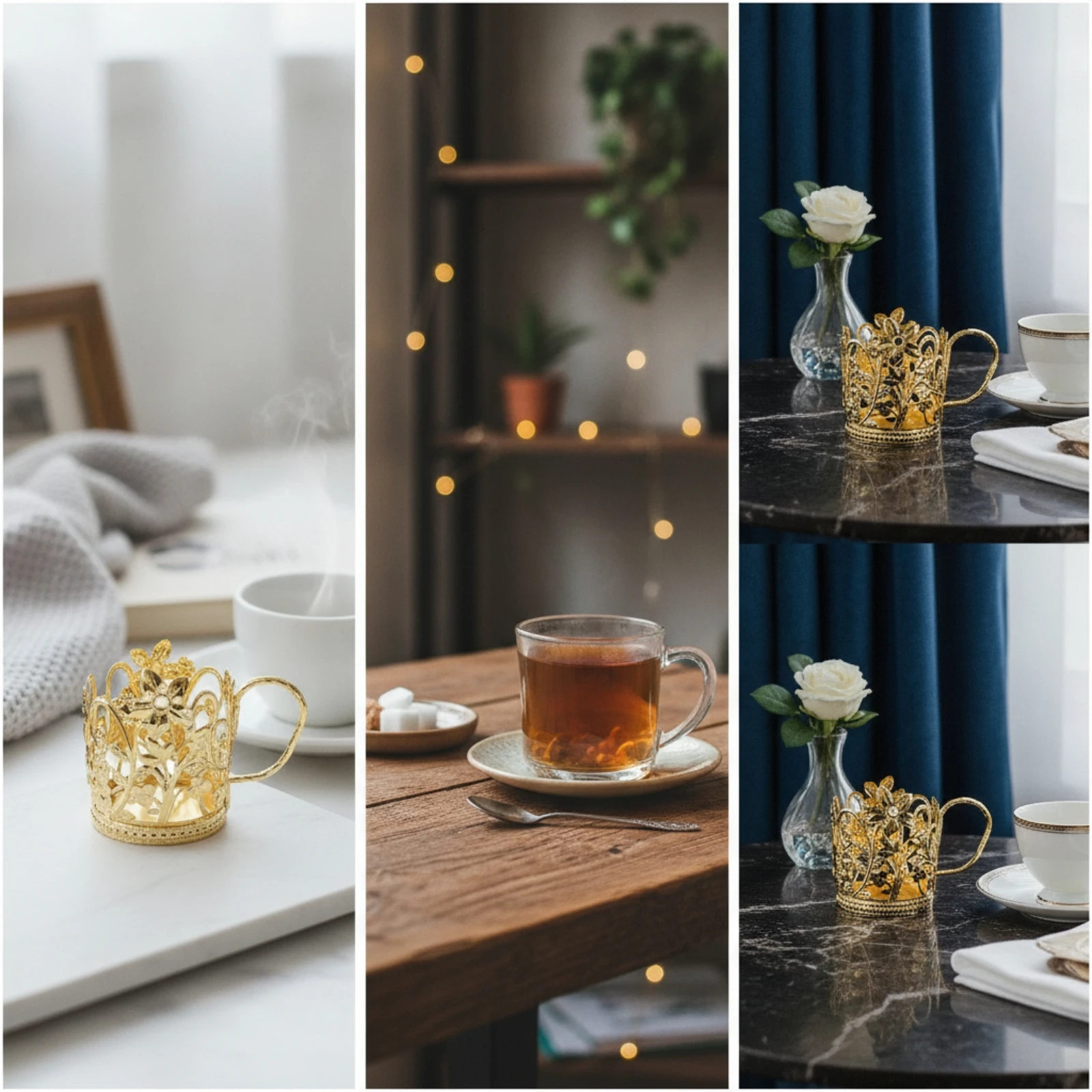 Metal Cup Holder Decorative Cup Holder with Handle Openwork Floral for Hosts, Table Setting, Tea Service