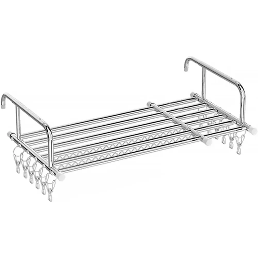 Collapsible Outdoor/Indoor Stainless Steel Clothes Drying Rack with Sock Clips, Heat Resistant, Adjustable for Balcony or Window