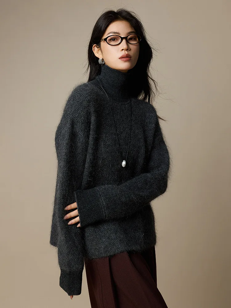 Birdtree, gebreide trui van mohairmix, dames coltrui basics gebreide kleding, pluche tops, 2025 herfst winter grijze trui T5N803JF