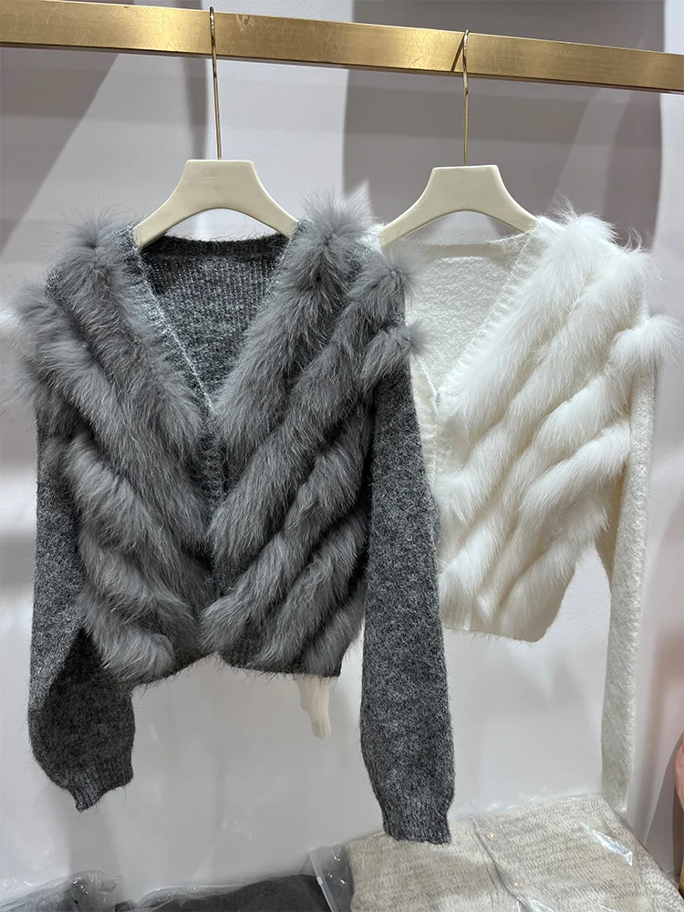 

2025 Women Autumn Winter Real Fox Fur Oversize Cardigan Knitted Coat Fox Fur Collar Loose Lady Jacket Female Coat Luxury Sweater